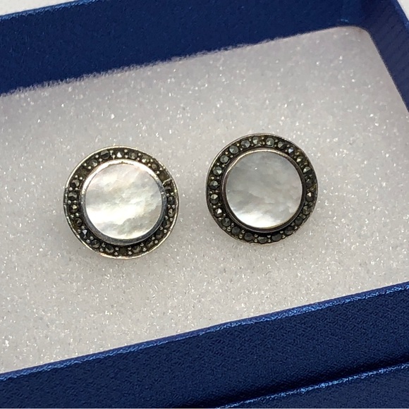 Jewelry - Vintage Art Deco Sterling Silver Mother of Pearl Marcasite Earrings
